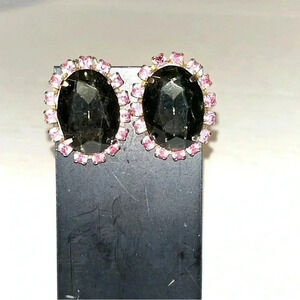 Vtg Smoky Quartz Pink Crystal Rhinestone Earrings Glass Goldtone Oval Clip On